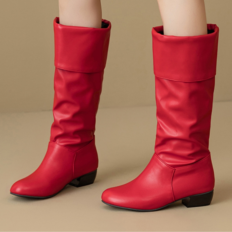 Waterproof Winter Boot - รองเท้าบูทสูงถึงเข่าแบบสวม จีบระบาย รองเท้าฤดูใบไม้ร่วง รองเท้าบูทสูงสำหรับผู้หญิง ดีไซน์หรูหรา สีดำ