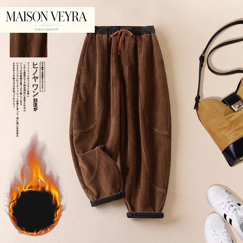 Corduroy Pant Warm - กางเกงฮาเร็มผ้าคอร์ดูรอยสำหรับผู้หญิง รุ่นใหม่ฤดูใบไม้ร่วงและฤดูหนาว สไตล์เกาหลี บุซับในและหนาเพิ่มความอบอุ่น มีเชือกผูกเอว กางเกงเอวสูงลำลอง