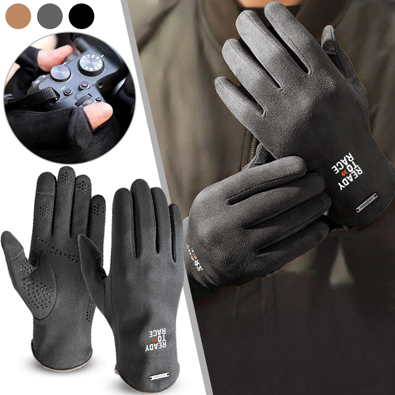 Touch Screen Gloves - ถุงมือมอเตอร์ไซค์สำหรับการแข่งขันกลางแจ้ง หนา ทนลม รองรับการสัมผัสหน้าจอ ป้องกันการลื่นไถล พร้อมฟังก์ชันพลิกเป็นถุงมือหนังกลับ