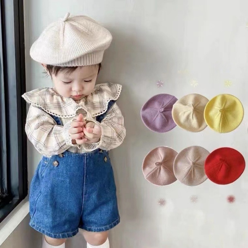 Knit Beanie Hat Warm - หมวกเบเร่ต์เด็กถักไหมพรมแบบใหม่ สไตล์ฝรั่งเศส แฟชั่นสำหรับเด็กวัยหัดเดิน หมวกบีนนี่นุ่ม อุ่นสบาย สำหรับเด็กทารก